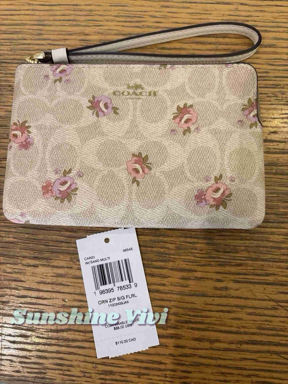 NWT Coach CAR20 Corner Zip Wristlet Signature Canvas Floral Gold/Sand Multi
